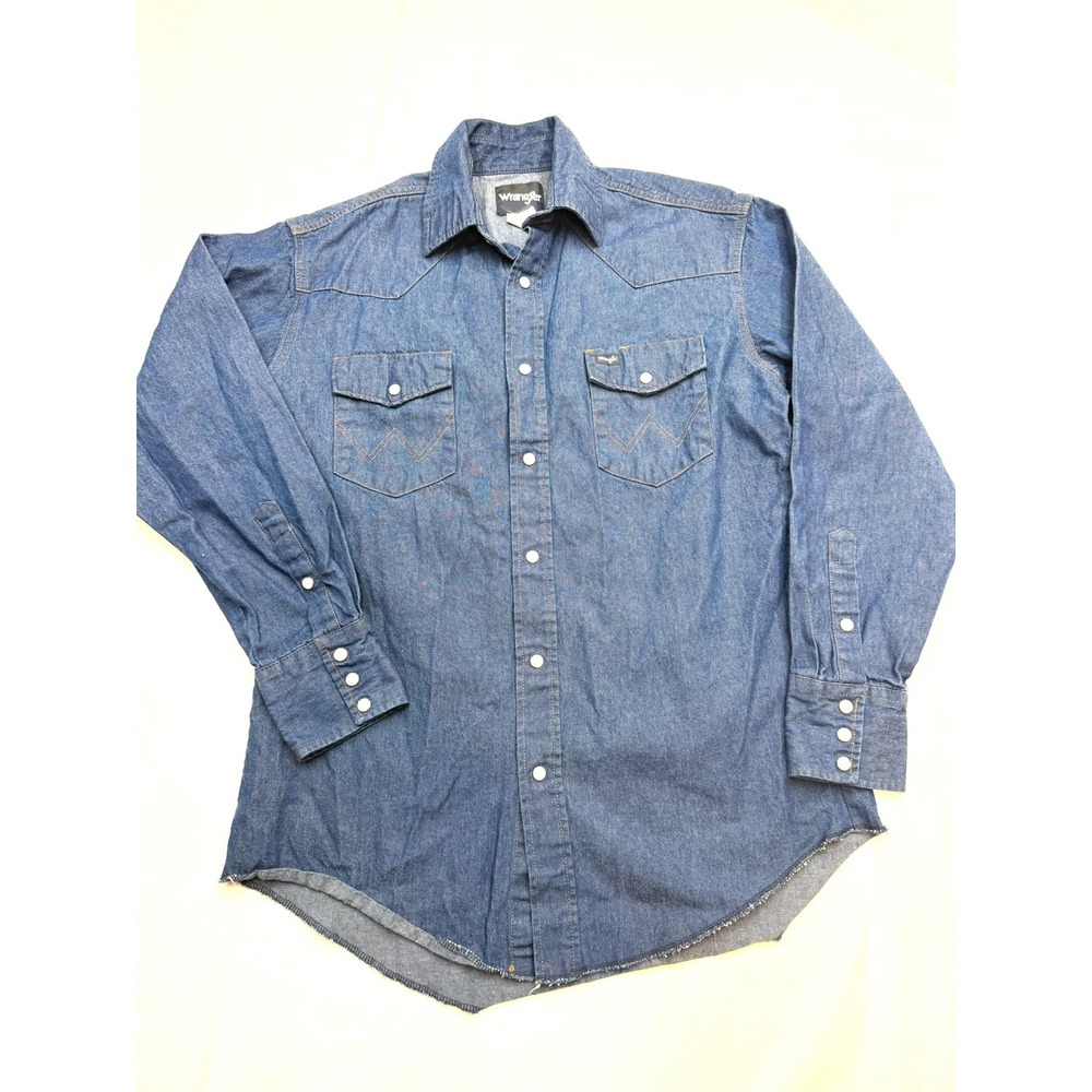 WRANGLER Mens 15.5x33 Dark Blue Vintage Denim Pearl Snap Western Long Sleeve